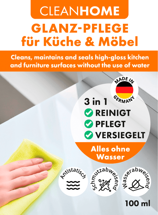 CLEANHOME UniQuick SAUBER+PFLEGE - SET für glänzende Küchen - und Möbel - Oberflächen - CLEANPRODUCTS