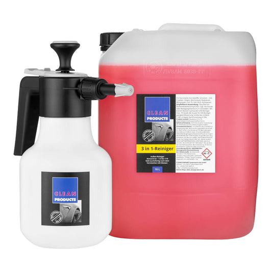 Set Fahrzeug-Außen-Reiniger 3 in 1 (10 kg Konzentrat) + Pumpsprühflasche Profi A 1,4 Liter (Düse verstellbar) - CLEANPRODUCTS