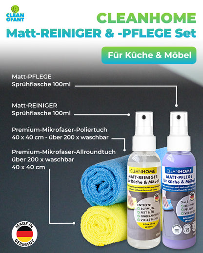 CLEANHOME Matt-SAUBER + Matt-PFLEGE-SET für matte Küchen- und Möbelfronten entfernt schnell & einfach Schmutz, Fett, Öl, Fingerabdrücke - reinigt, pflegt und versiegelt und erhält den hochwertigen Matt-Effekt
