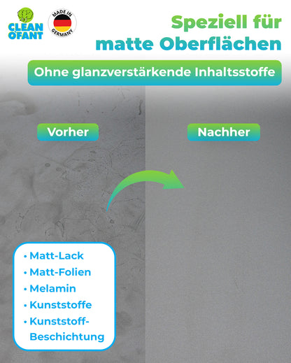 CLEANHOME Matt-SAUBER + Matt-PFLEGE-SET für matte Küchen- und Möbelfronten entfernt schnell & einfach Schmutz, Fett, Öl, Fingerabdrücke - reinigt, pflegt und versiegelt und erhält den hochwertigen Matt-Effekt