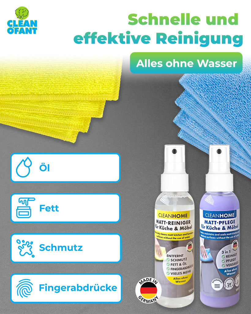 CLEANHOME Matt-SAUBER + Matt-PFLEGE-SET für matte Küchen- und Möbelfronten entfernt schnell & einfach Schmutz, Fett, Öl, Fingerabdrücke - reinigt, pflegt und versiegelt und erhält den hochwertigen Matt-Effekt