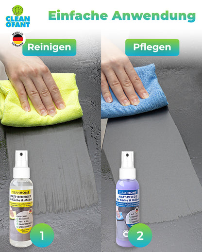 CLEANHOME Matt-SAUBER + Matt-PFLEGE-SET für matte Küchen- und Möbelfronten entfernt schnell & einfach Schmutz, Fett, Öl, Fingerabdrücke - reinigt, pflegt und versiegelt und erhält den hochwertigen Matt-Effekt
