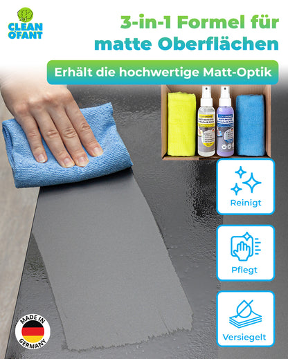 CLEANHOME Matt-SAUBER + Matt-PFLEGE-SET für matte Küchen- und Möbelfronten entfernt schnell & einfach Schmutz, Fett, Öl, Fingerabdrücke - reinigt, pflegt und versiegelt und erhält den hochwertigen Matt-Effekt
