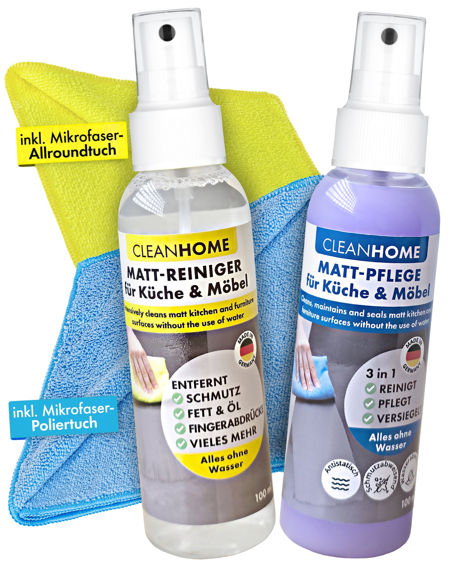 CLEANHOME Matt-SAUBER + Matt-PFLEGE-SET für matte Küchen- und Möbelfronten entfernt schnell & einfach Schmutz, Fett, Öl, Fingerabdrücke - reinigt, pflegt und versiegelt und erhält den hochwertigen Matt-Effekt