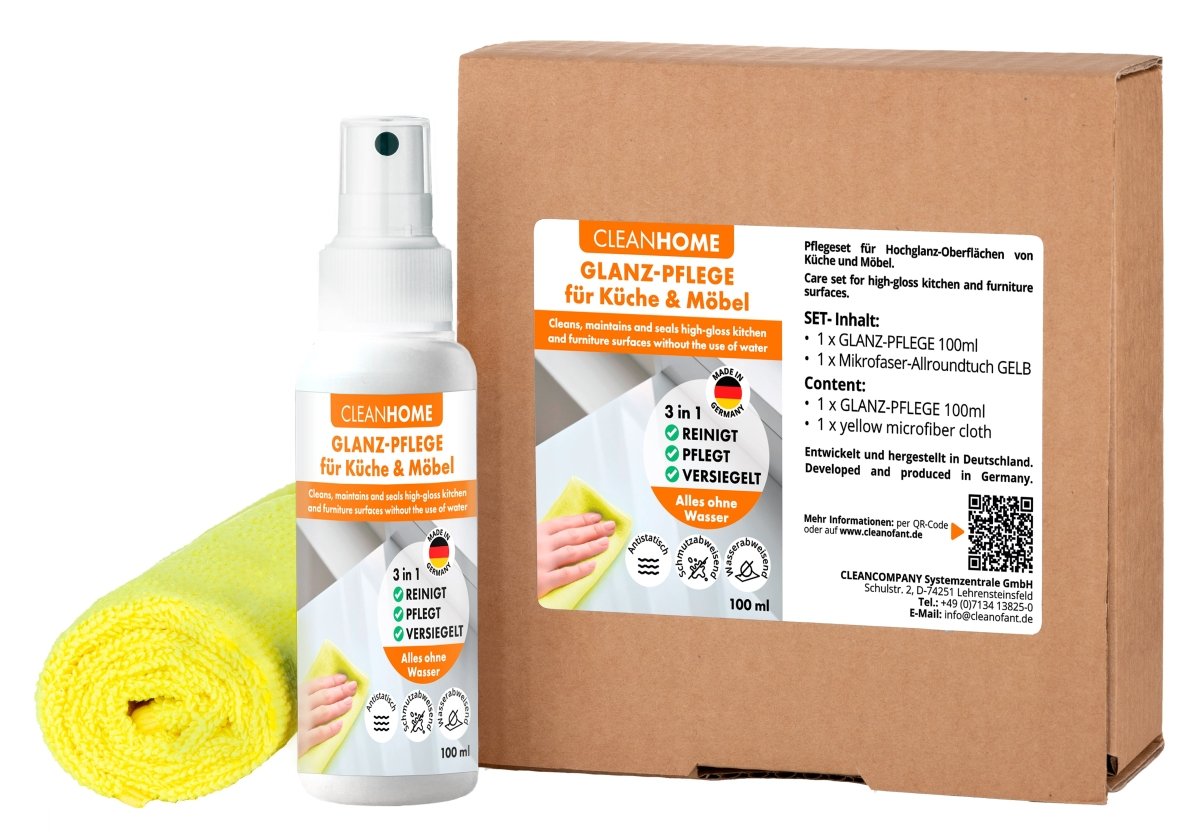 CLEANHOME UniQuick SAUBER+PFLEGE - SET für glänzende Küchen - und Möbel - Oberflächen - CLEANPRODUCTS