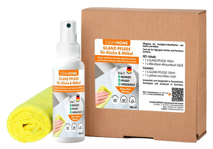 CLEANHOME UniQuick SAUBER+PFLEGE - SET für glänzende Küchen - und Möbel - Oberflächen - CLEANPRODUCTS