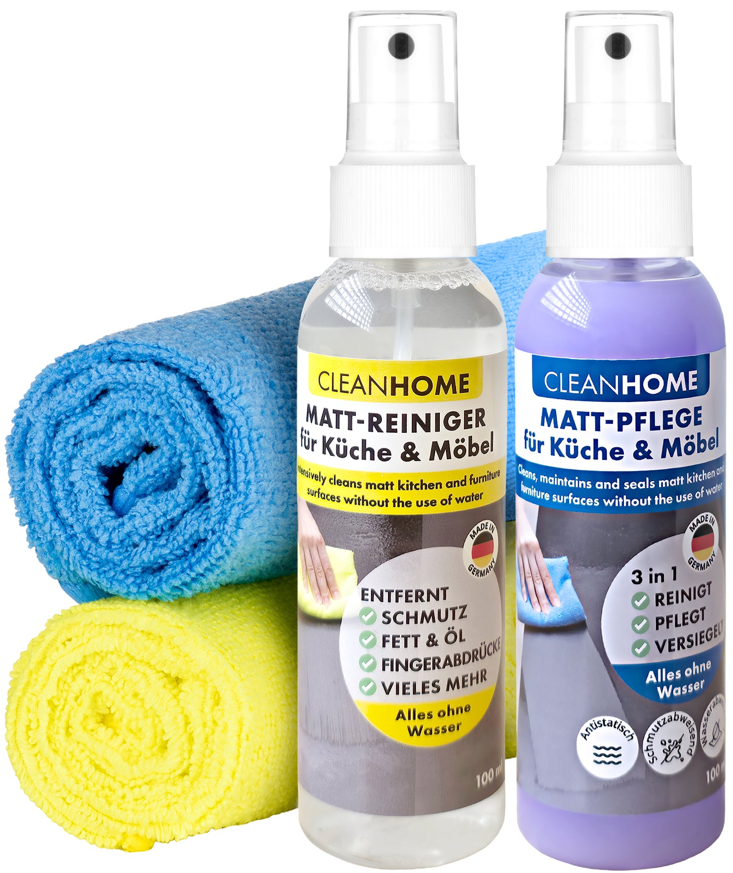 CLEANHOME Matt-SAUBER + Matt-PFLEGE-SET für matte Küchen- und Möbelfronten entfernt schnell & einfach Schmutz, Fett, Öl, Fingerabdrücke - reinigt, pflegt und versiegelt und erhält den hochwertigen Matt-Effekt