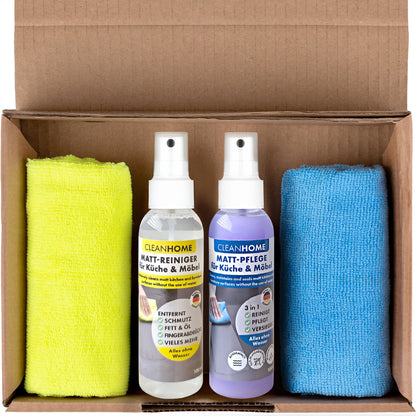 CLEANHOME Matt-SAUBER + Matt-PFLEGE-SET für matte Küchen- und Möbelfronten entfernt schnell & einfach Schmutz, Fett, Öl, Fingerabdrücke - reinigt, pflegt und versiegelt und erhält den hochwertigen Matt-Effekt