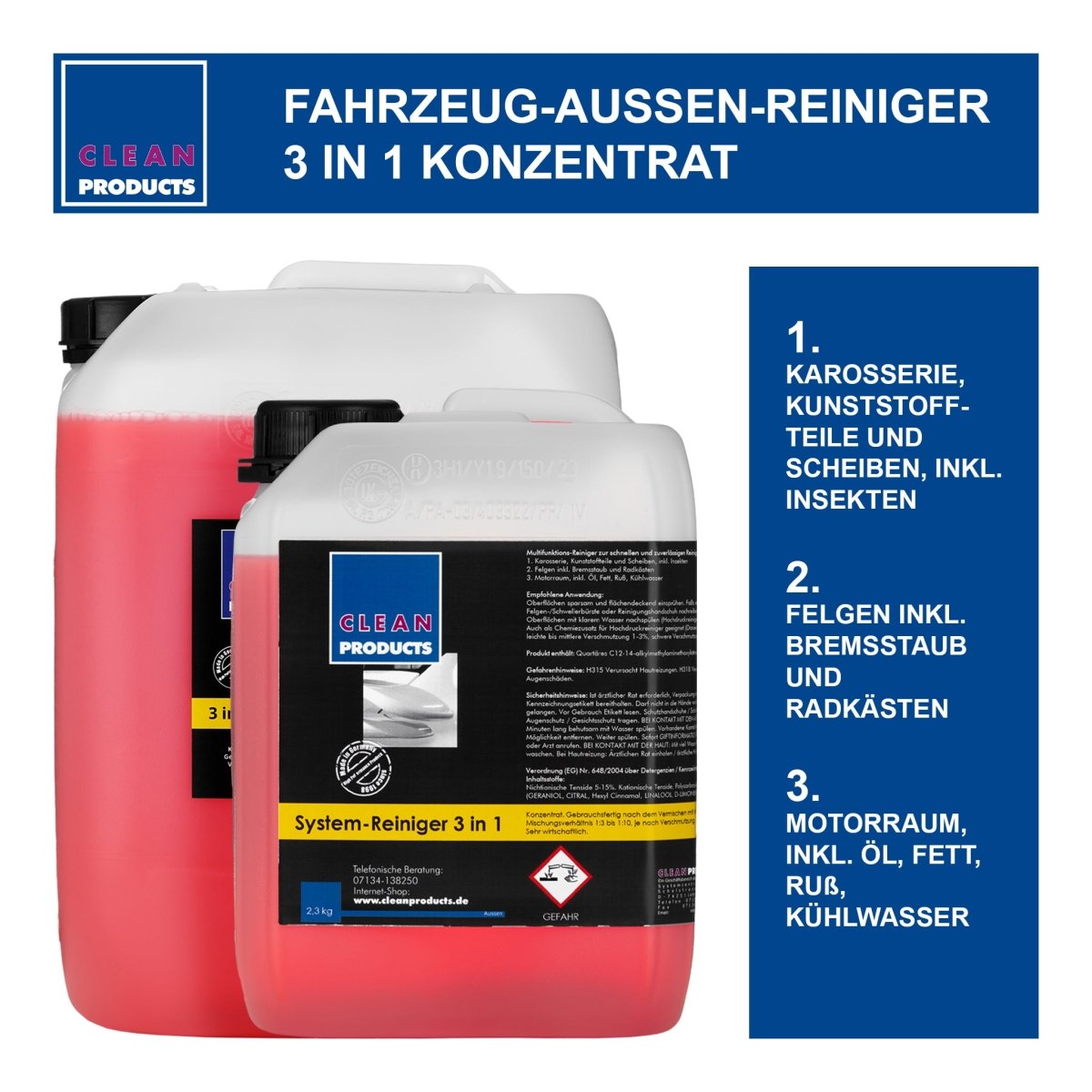 Set Fahrzeug-Außen-Reiniger 3 in 1 (10 kg Konzentrat) + Pumpsprühflasche Profi A 1,4 Liter (Düse verstellbar) - CLEANPRODUCTS