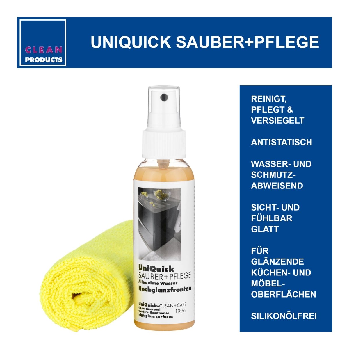 CLEANHOME UniQuick SAUBER+PFLEGE-SET für glänzende Küchen- und Möbel-Oberflächen - CLEANPRODUCTS